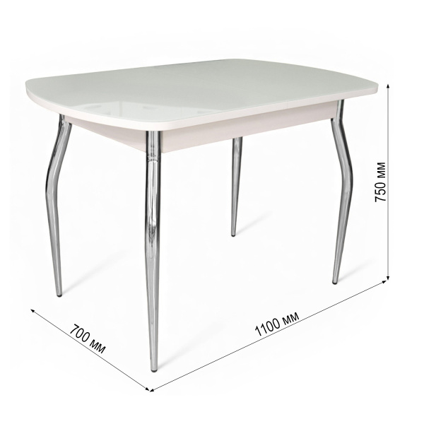 Стол ПГ-01 СТ 1100(1420)*700, ЛДСП Белое, Стекло Белое/нога ГНУТАЯ хром 4